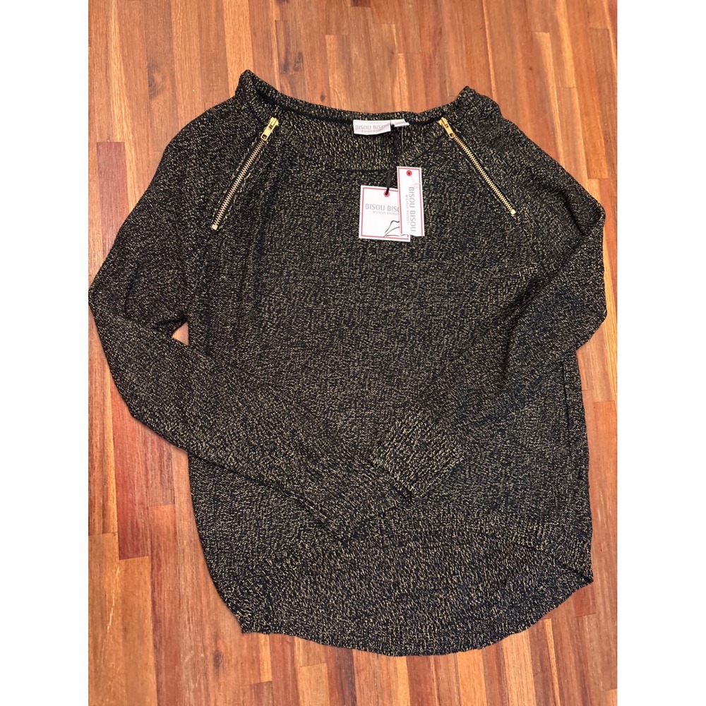 Bisou Bisou Sweater Womens S Black Gold NEW Metallic Zipper Shoulder Knit
